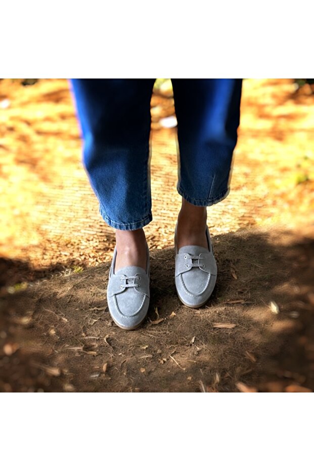 Gray Suede Genuine Leather Women's Lace-Up Loafer Shoes