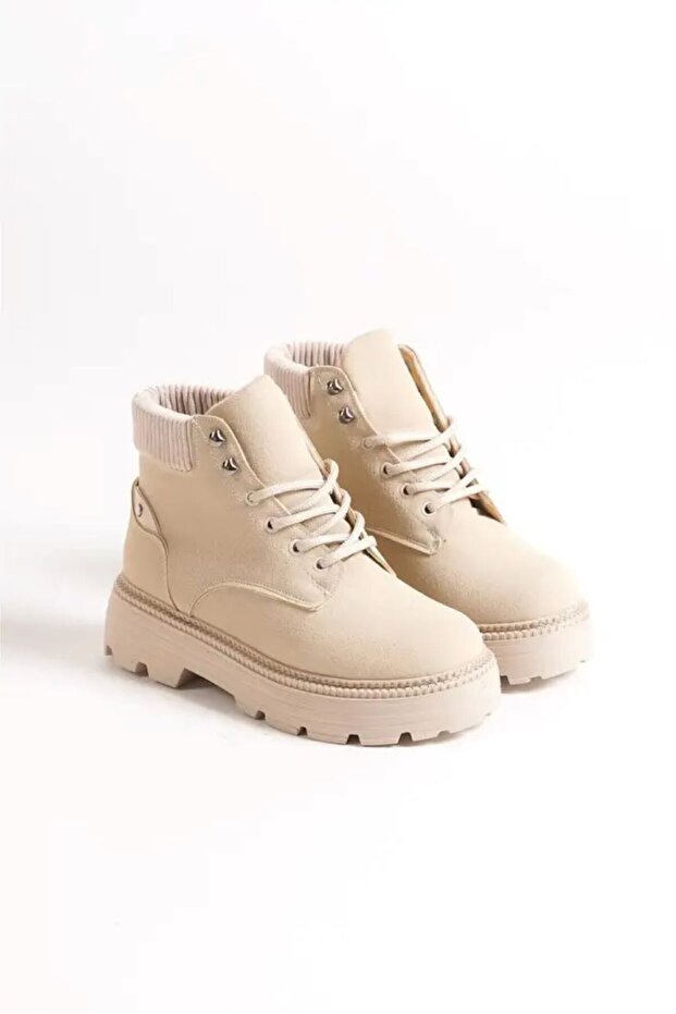 Bej Cat Süet Bağcıklı Yüksek Taban Kadın Bot - 5