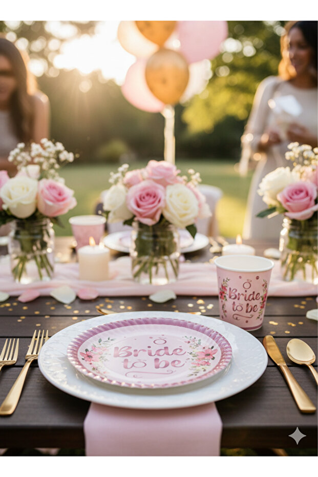 Bride To Be Çiçekli Pembe Tabak Bardak Set 8 Kişilik - 4