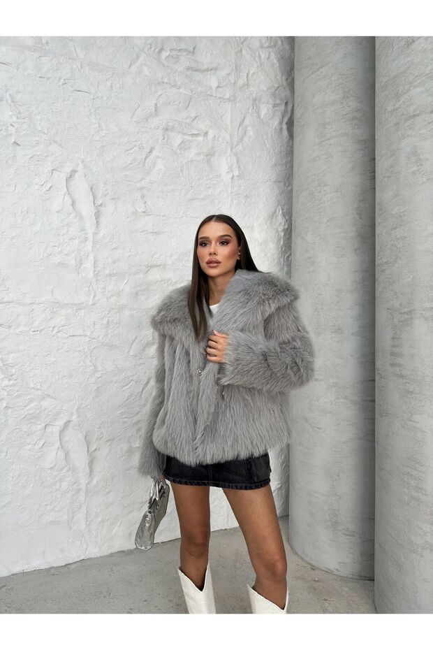 Women's premium quality shawl collar faux fur coat