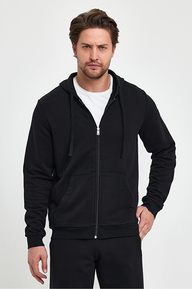 Greg Kapüşonlu Önü Fermuarlı Basic Sweatshirt - Siyah - 4