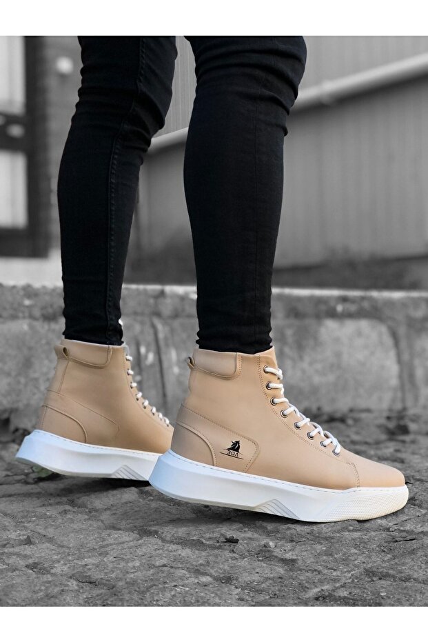 Ba0155 Bağcıklı Erkek Yüksek Taban Krem Beyaz Taban Spor Bot - 3