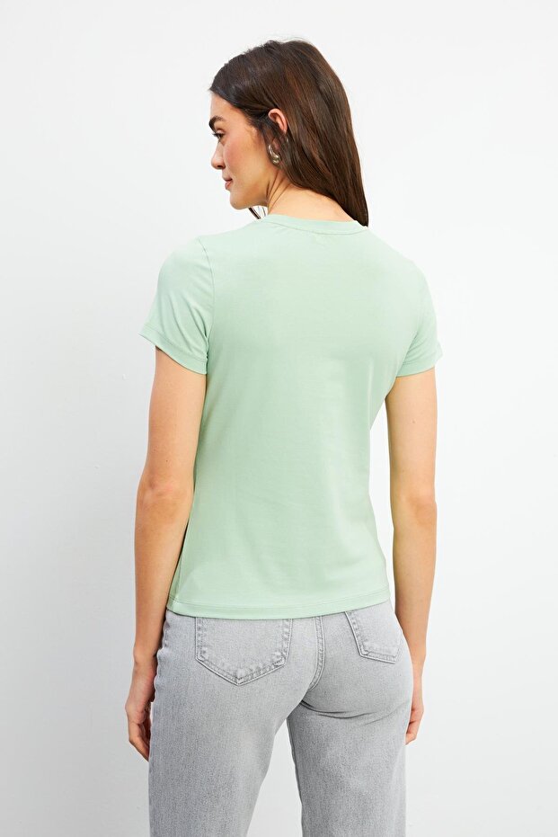 Rachel Bisiklet Yaka Slim Fit Basic Tişört-Çağla - 4