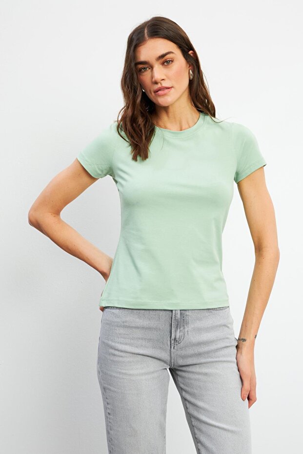 Rachel Bisiklet Yaka Slim Fit Basic Tişört-Çağla - 1