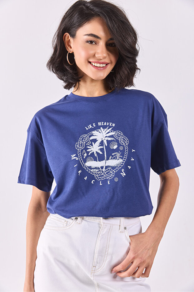 Marin Baskılı Tişört - NAVY - 1
