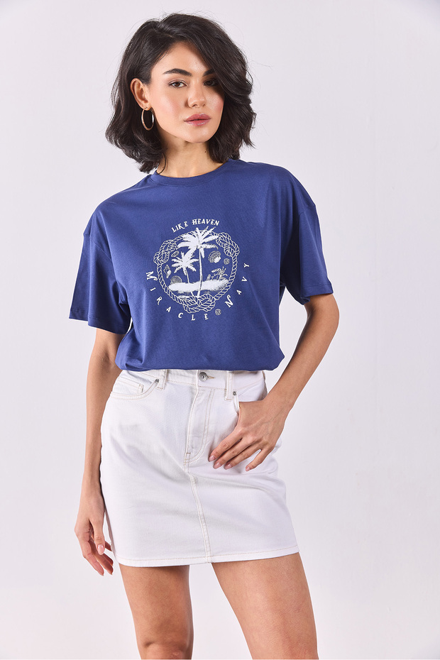Marin Baskılı Tişört - NAVY - 4