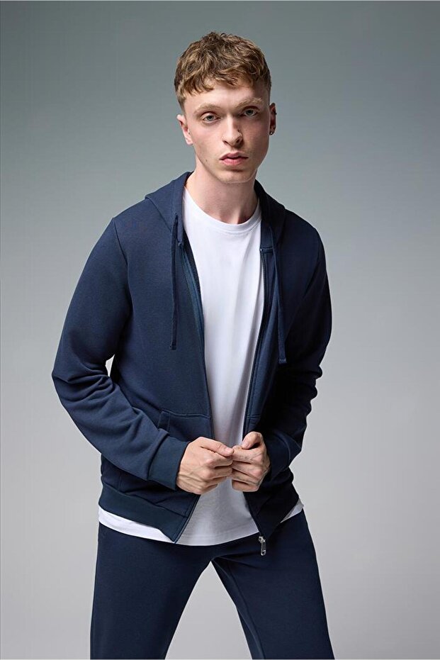 Erkek Greg Kapüşonlu Önü Fermuarlı Basic Sweatshirt - Lacivert - 1