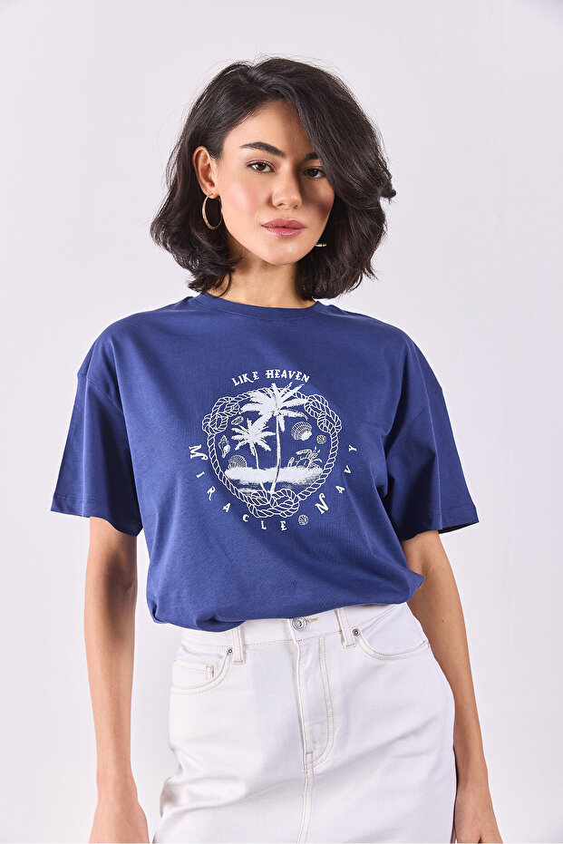 Marin Baskılı Tişört - NAVY - 7