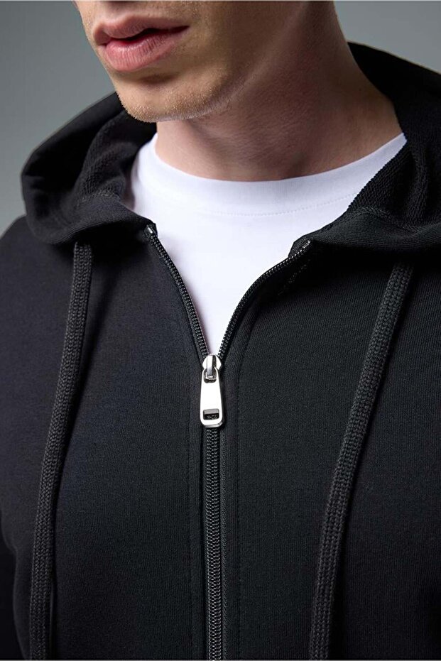 Erkek Greg Kapüşonlu Önü Fermuarlı Basic Sweatshirt - Siyah - 3