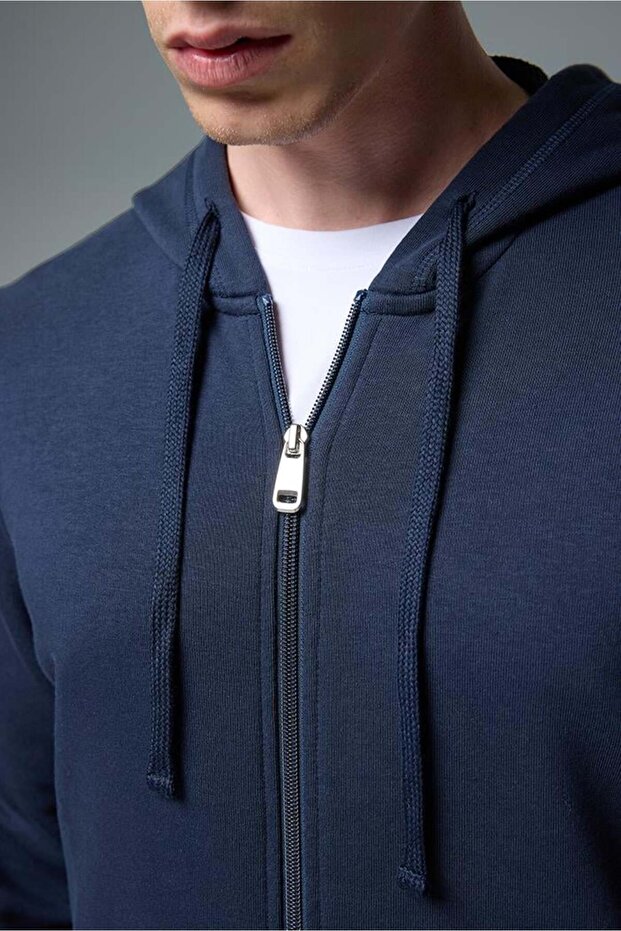 Erkek Greg Kapüşonlu Önü Fermuarlı Basic Sweatshirt - Lacivert - 3