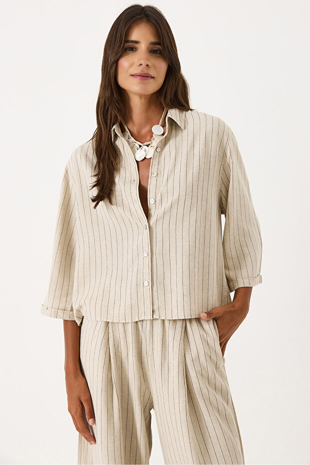 Women's Short Sleeve Striped Oversized Shirt - Beige Striped