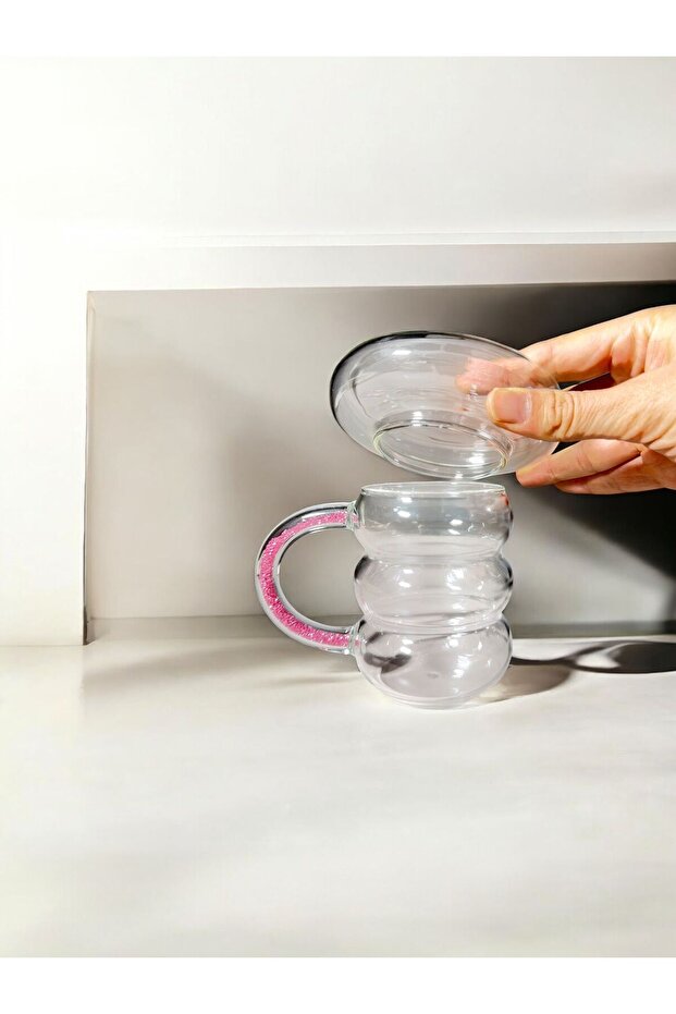 Lüx Borosilikat Cam Fenomen 300 Ml Renkli Kulplu latte bardağı kahve bardağı tabaklı - 3