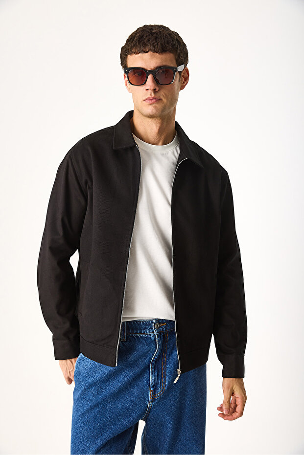 Önü Fermuarlı Regular Fit Kaşe Ceket-Siyah - 7