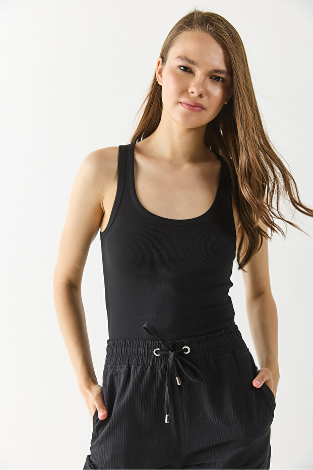 Kadın Fitilli Kalın Askılı Top - Siyah - 7