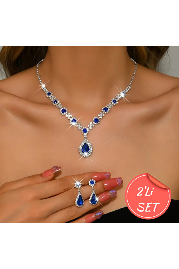 Gümüş Kaplama Zirkon Çiçek Kristal Kolye, Küpe 2'Li Set Abiye Düğün Nişan Davet Takı Set - 2