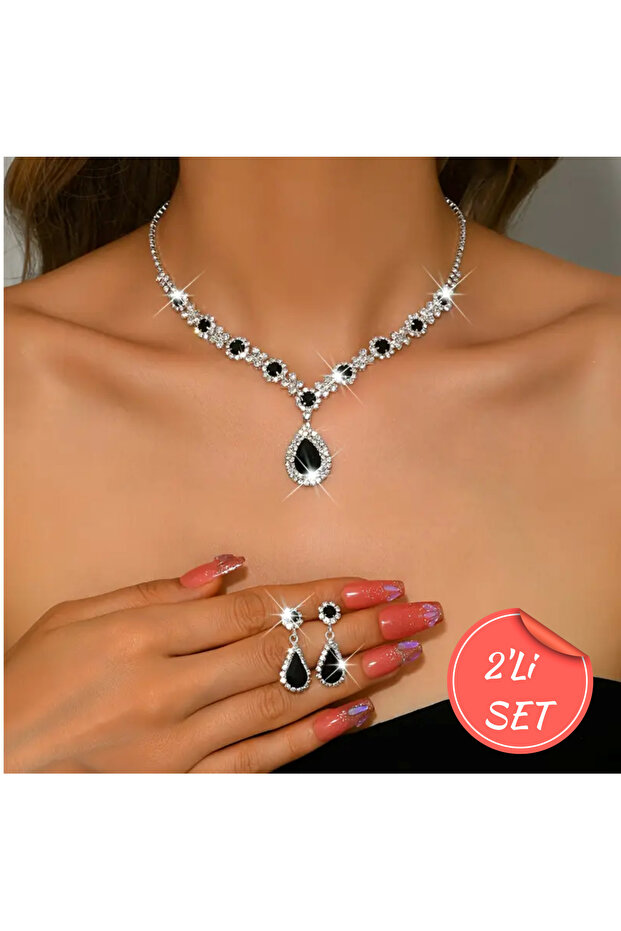 Gümüş Kaplama Zirkon Çiçek Kristal Kolye, Küpe 2'Li Set Abiye Düğün Nişan Davet Takı Set - 2