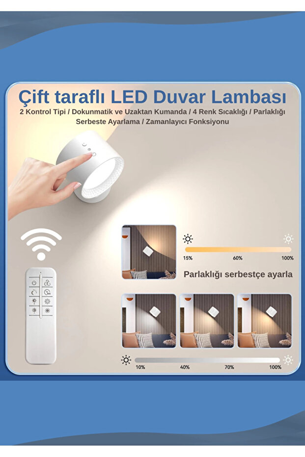 Mıknatıslı Uzaktan Kumandalı Çift Taraflı Duvar Aplik LED Aydınlatma 3 Renk USB Şarjlı - 3