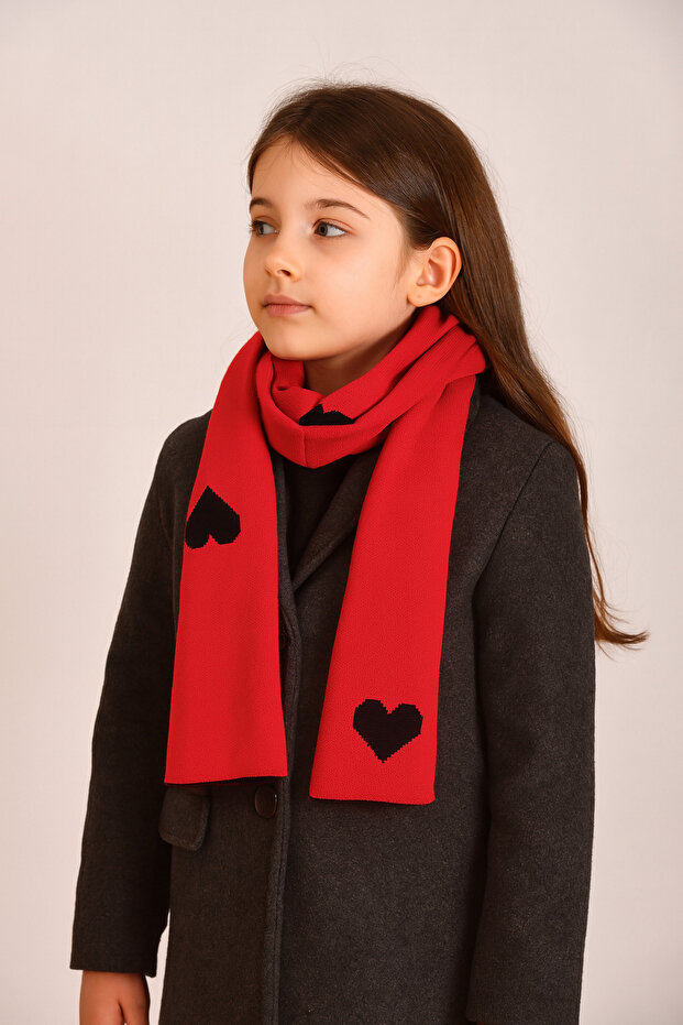 Kalp Desenli Çift Taraflı Triko Çocuk Atkısı(5-10 Yaş, 30x140cm) - 1