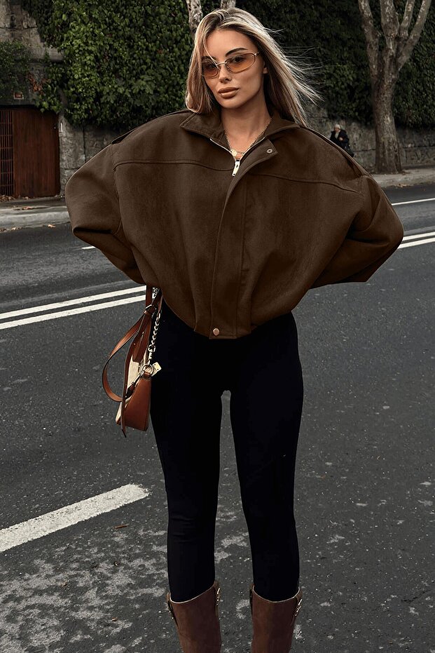 Brown Lined Suede Bomber Women's Cropped Coat with Epaulet Detail