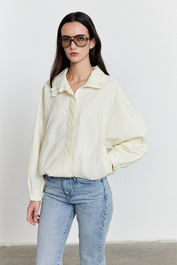 Fermuarlı Oversize Ceket Ekru - 3