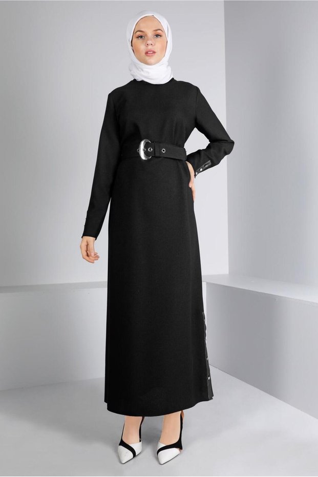 BELTED BUTTON DETAILED DRESS 43383