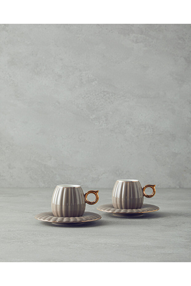 Polka New Bone China 4 Pieces Coffee Cup Set for 2 People Mink