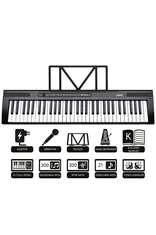 JWIN MK-6146 61 Tuşlu Elektronik Org (Mikrofon ve Adaptör Hediye) - Siyah