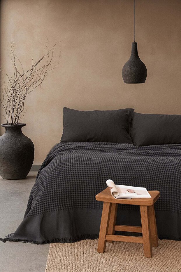 Anthracite Waffle Cotton Bedspread - 240X260