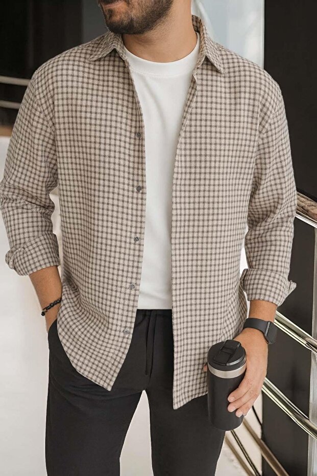 Jonas Ekose Küçük Kareli Relaxed Fit %100 Pamuklu Flanel Kumaş Erkek Gömlek - Bej - 2