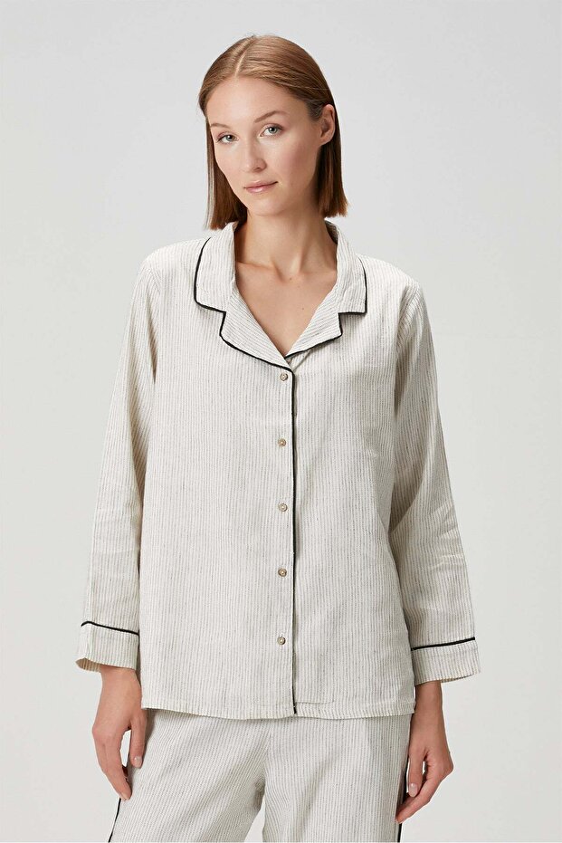 Lino Linen Shirt Pajamas Off White / Black Stripes