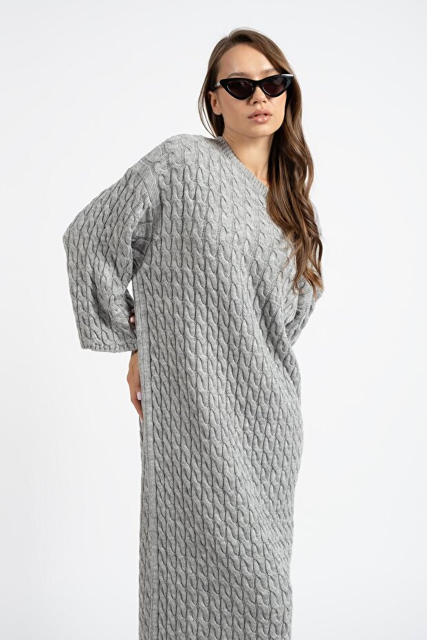 Kadın Bisiklet Yaka Örgü Desen Uzun Triko Elbise Gri - 5