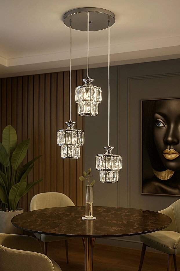 Astra 3'lü Krom Kaplama Kristal Taşlı Lüks Avize - 1