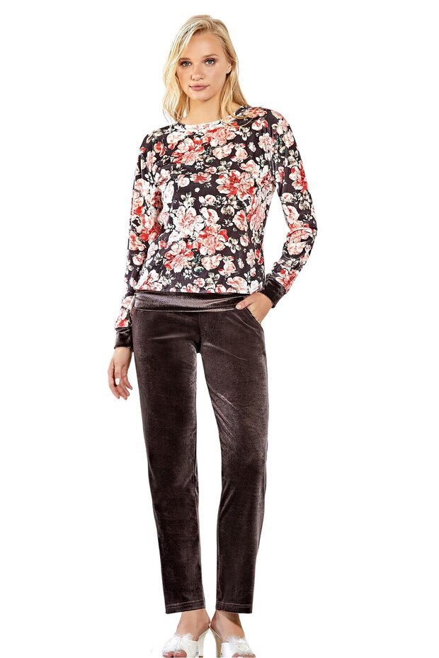 Velvet Women's Pajamas Set Floral Print Long Sleeve Winter Women's Home Wear Set 89-60