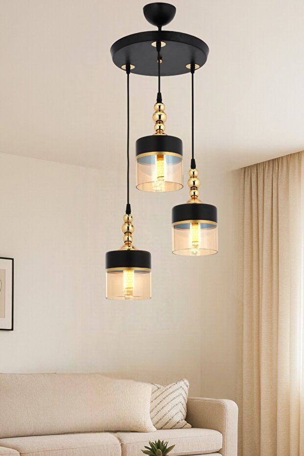 Oslo 3’lü Sarkıt Avize Bal Siyah Camlı Modern Dekoratif Aydınlatma - 1