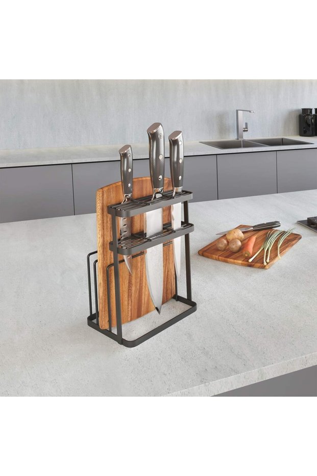 Tokyo LAVA Knife & Cutting Board Rack – Matt Black, 15 Knife Slots + 2 Board Compartments