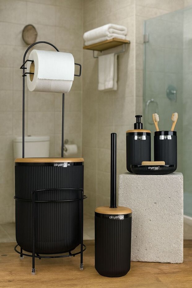 Μαύρη στρογγυλή Mina Due Stand Χαρτοθήκη WC και Σετ Μπάνιου 6 τεμαχίων - 1
