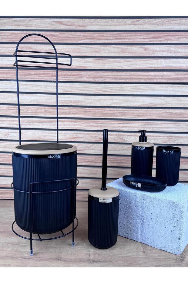 Μαύρη στρογγυλή Mina Due Stand Χαρτοθήκη WC και Σετ Μπάνιου 6 τεμαχίων - 3