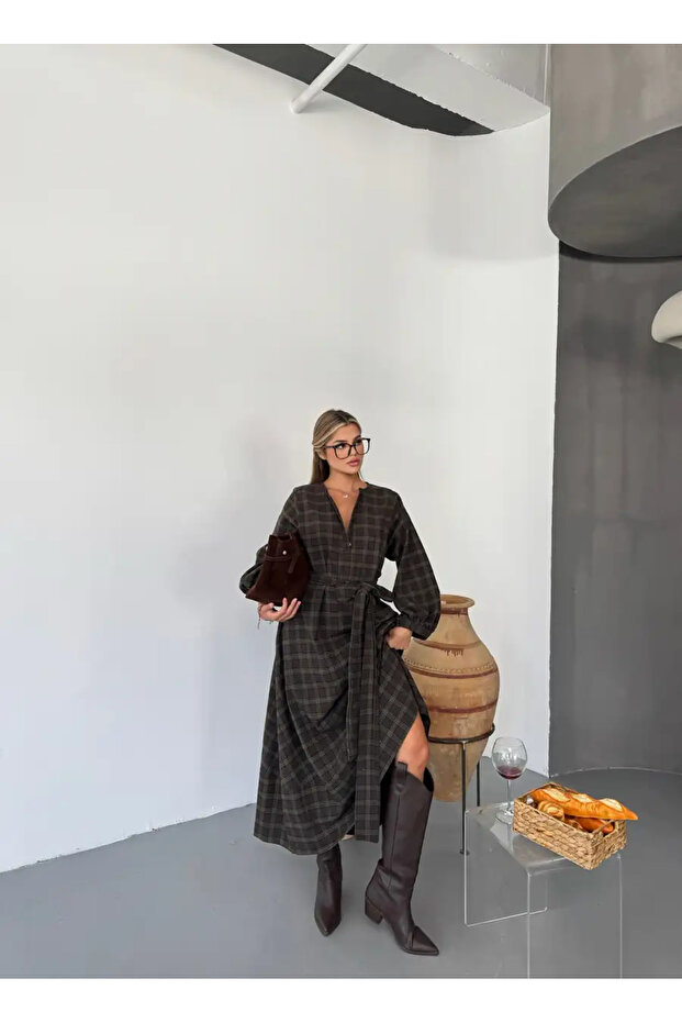 Premium ekose elbise - 4