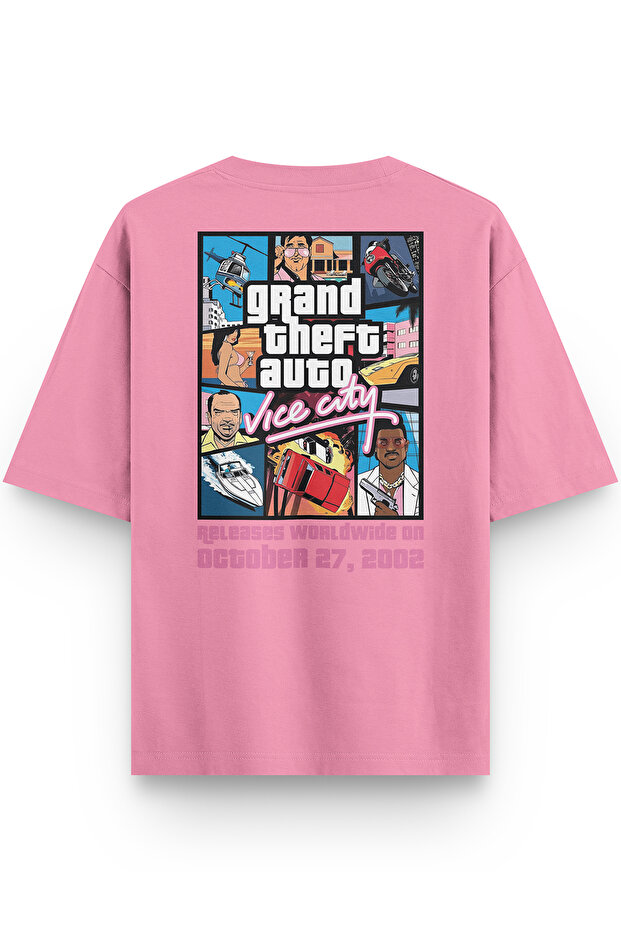 تيشيرت GTA Vice City نصف كبير الحجم مطبوع عليه ظهر وردي 1314