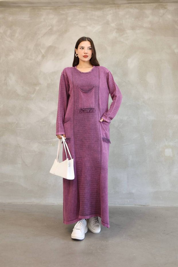 Women's Purple Bag Pocket Long Sleeve Vintage Detailed Loose Cotton Knit Long Dress