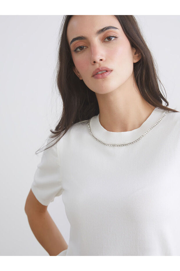 Crew Neck Women's Knitwear Sweater with Stones