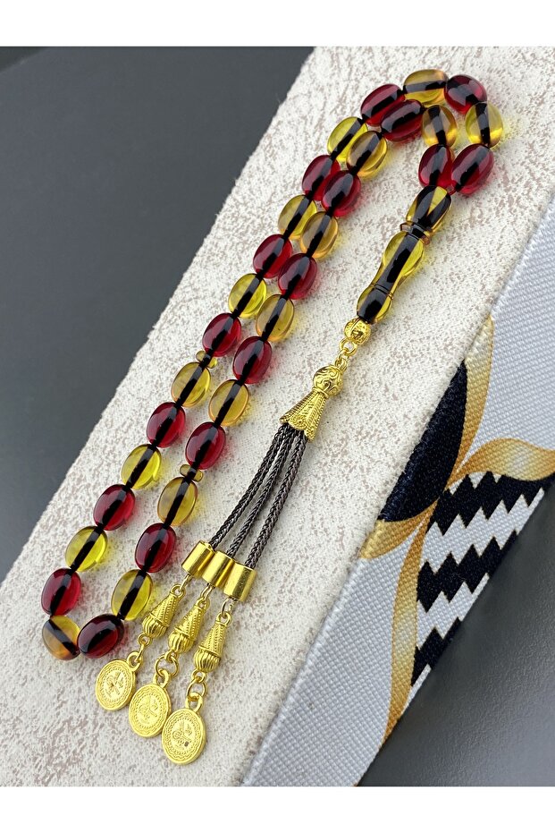 Yellow Red Fan Prayer Beads Fire Amber