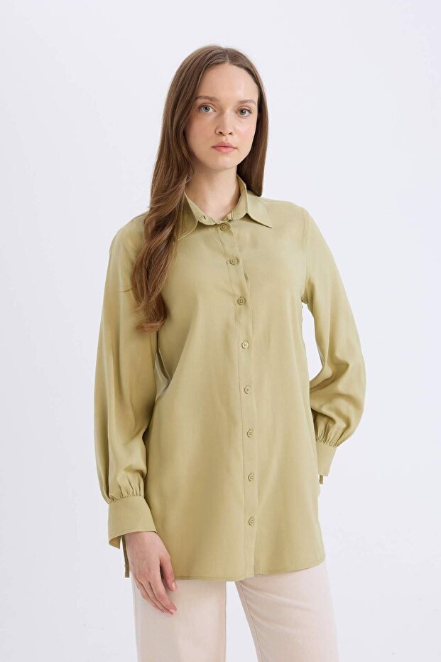 Regular Fit Basic Düz Viskon Uzun Kollu Gömlek Tunik D7352AX25SP - 3