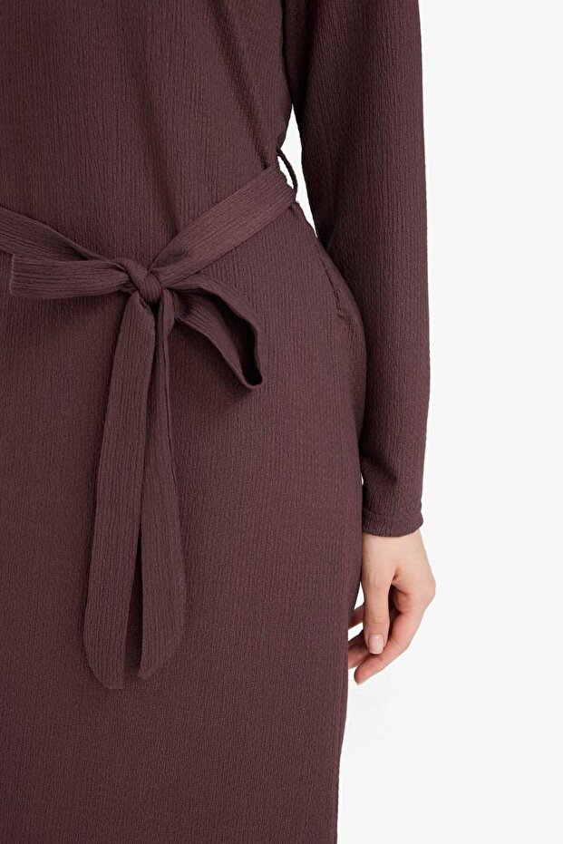 Regular Fit Bisiklet Yaka Bağlamalı Uzun Kollu Maxi Elbise D9063AX25SP - 5