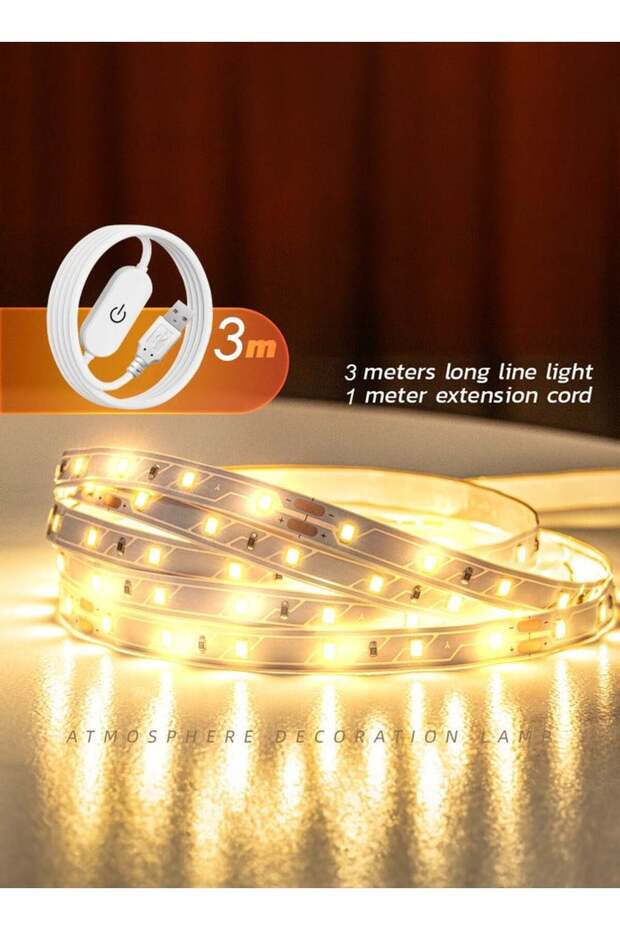3M LED Strip Light Warm White 3000K USB Powered with Switch, 60 LEDs/M Flexible Tape Light