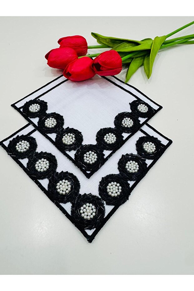 2 Pieces of Crystal Bead Embroidered Coffee Side Cocktail Napkins & Coasters.