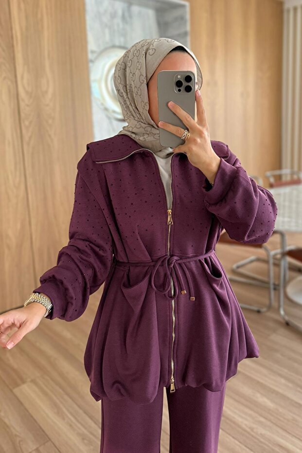 Balon Form Taşlı Modal Takım - Mürdüm - 4