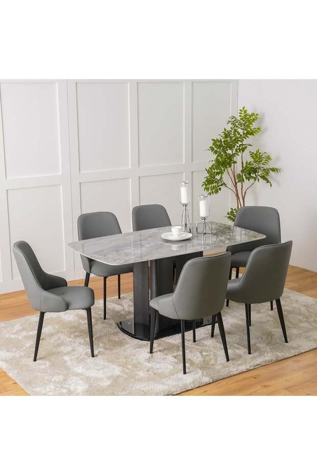 Casandra 1+6-Seater Dining Set - Marble & Grey - Stylish, Durable, 2-Year Warranty