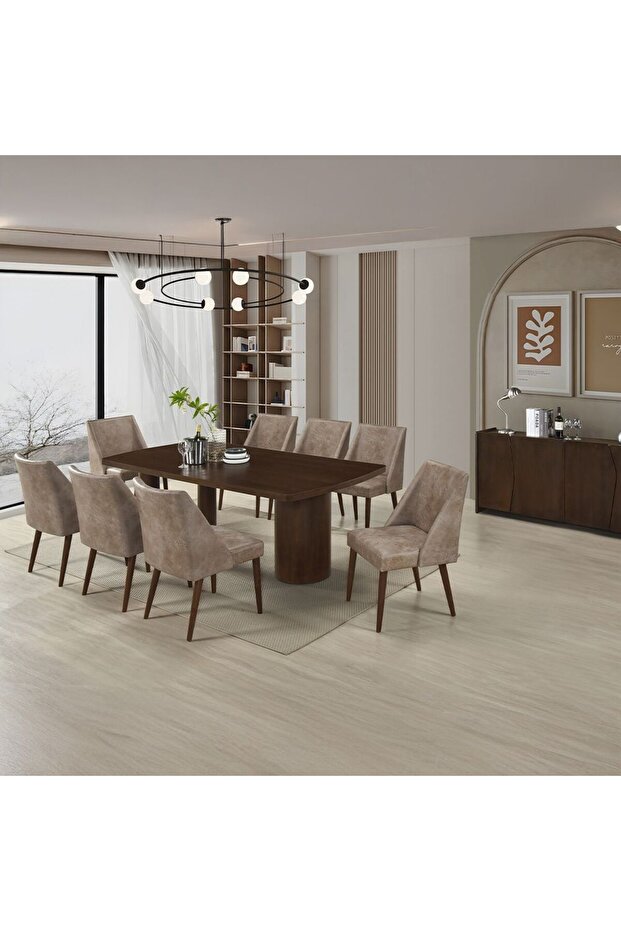 Benvinda 1+8 Wooden Dining Set - Walnut Brown, Engineered Wood, 1 Table & 8 Chairs, Malaysia