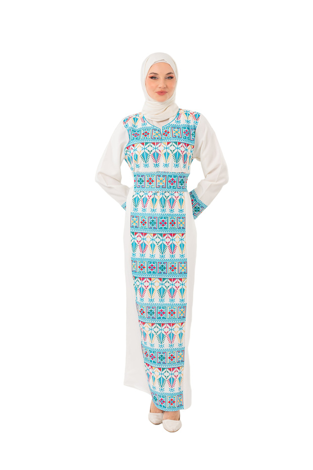 Hijab Dress Palestine Embroidered White Rhombus Patterned Dress Gold